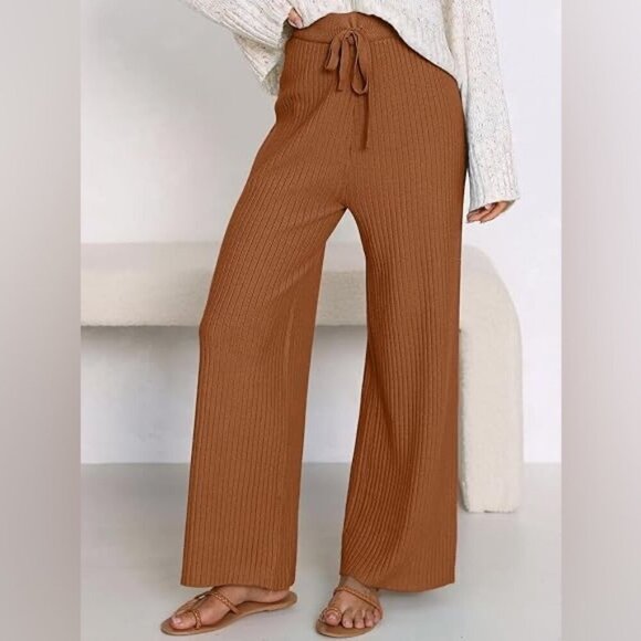 Lillusory Women’s Ribbed Knit Wide Leg Pants - Brown - Size L - Picture 2 of 11
